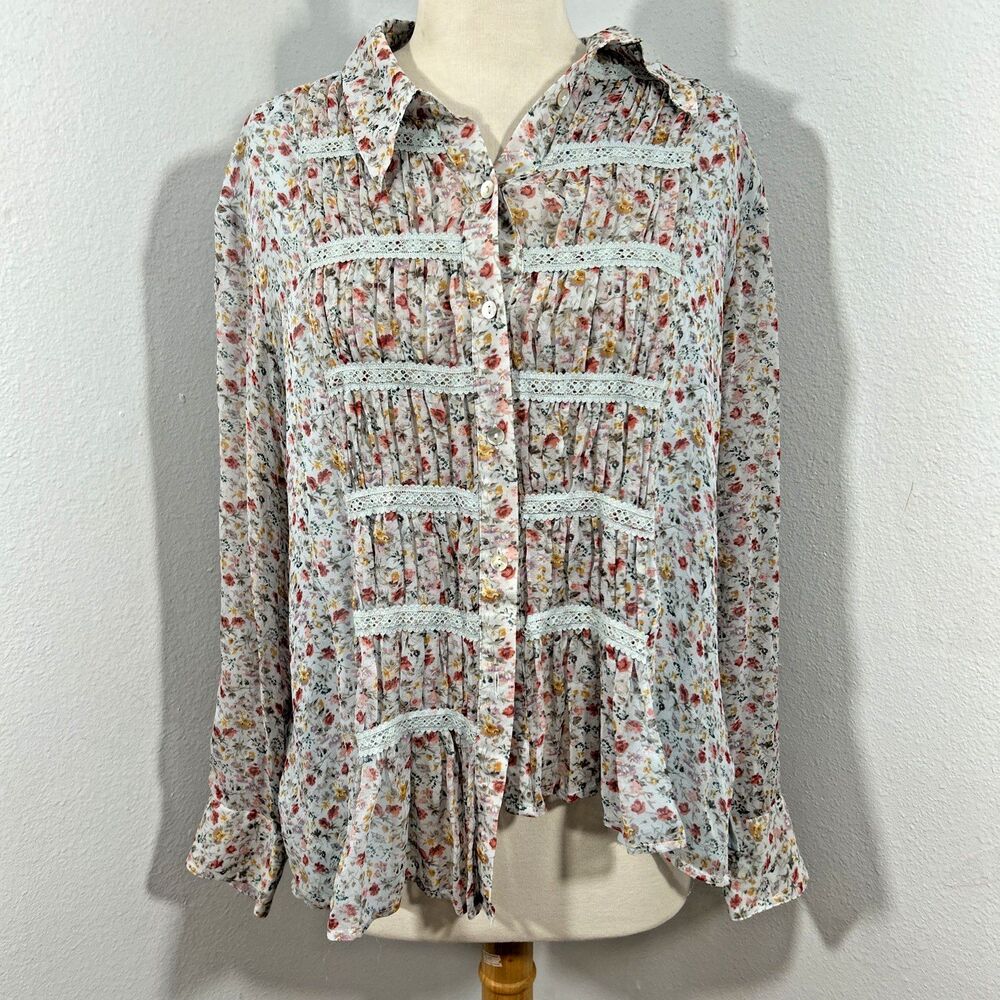 Richard Malcolm Blouse Womens Large Floral Multi‎ Silk Pleated Boho Summer